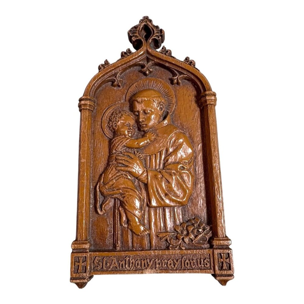Vintage St. Anthony Pray For Us Religious Wall Plaque Brown Wooden Barwood Mini